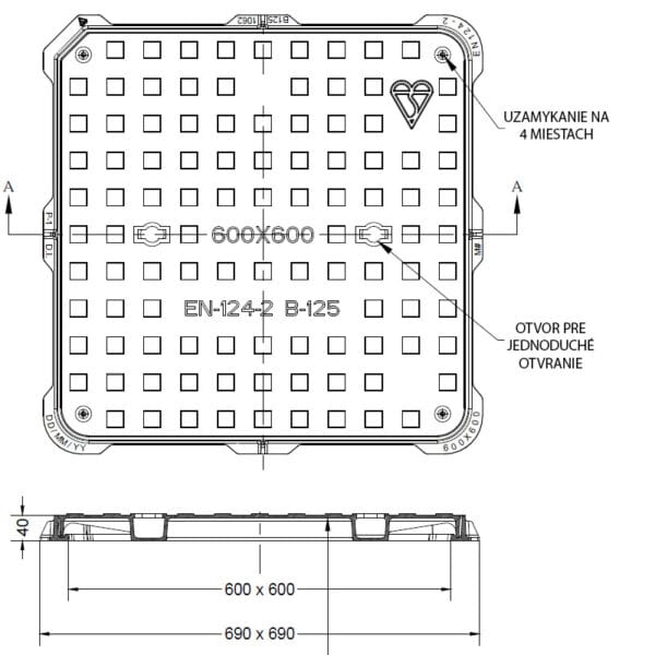 liatinový poklop na šachtu 600x600, poklop B 125, kanalizačný poklop liatinový, 600 x 600 B 125 detail
