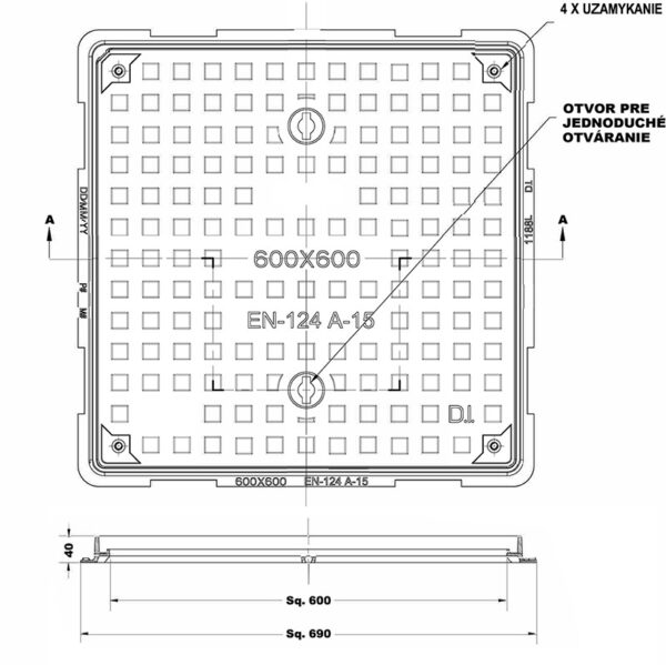 Liatinový poklop 600x600 mm A15 – pre záhrady a chodníky detail
