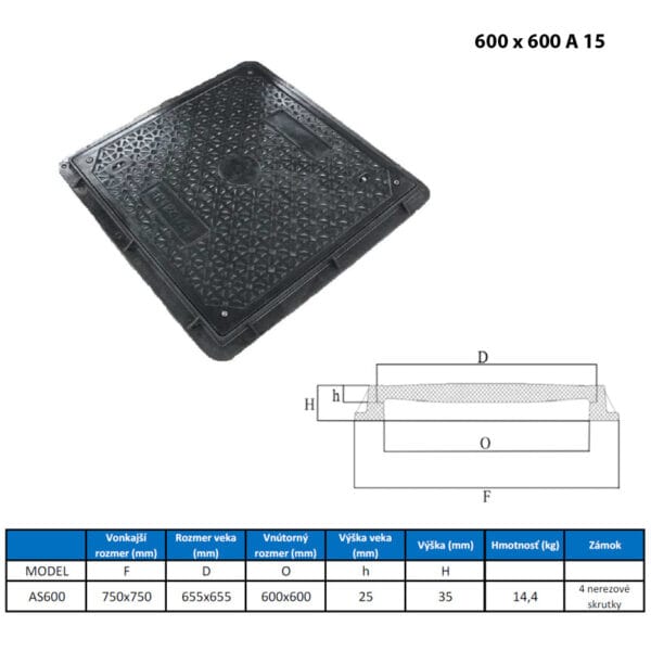 poklop kompozitný 600 x 600 A 15 uzamykateľný
