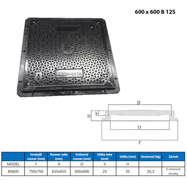 poklop kompozitný 600 x 600 B 125 uzamykateľný