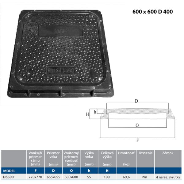 poklop kompozitný 600 x 600 D 400 uzamykateľný